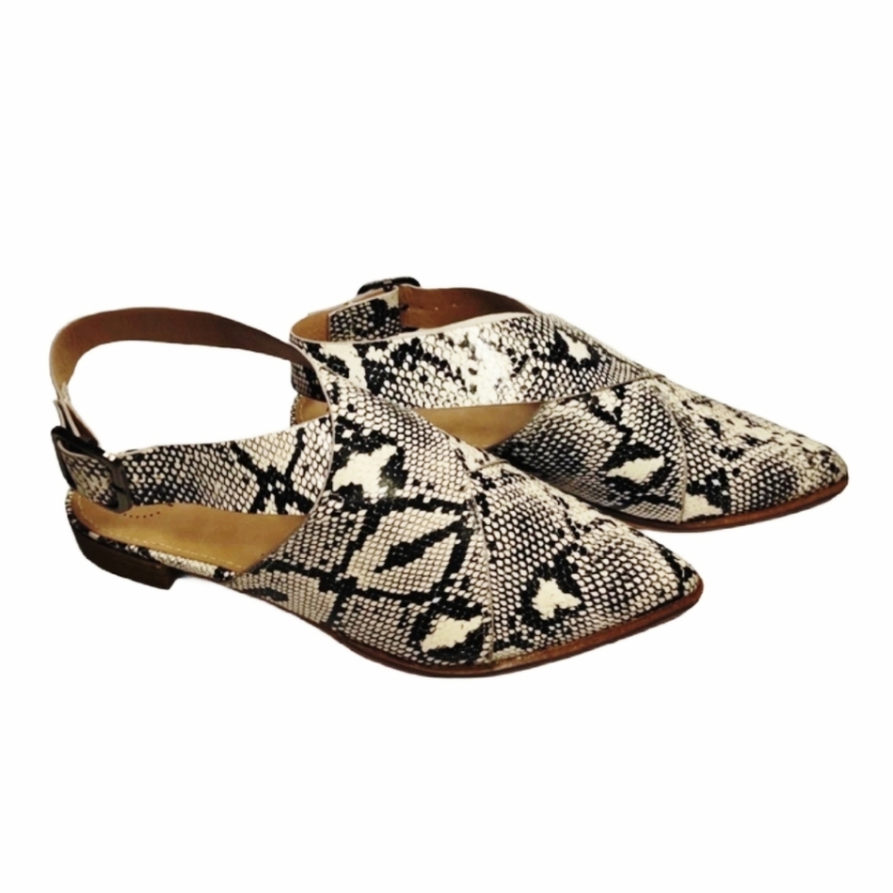 NIB A Rider Girl Vegan Leather Snake Print Adjustable Sling Back Flat Mules - Picture 2 of 7